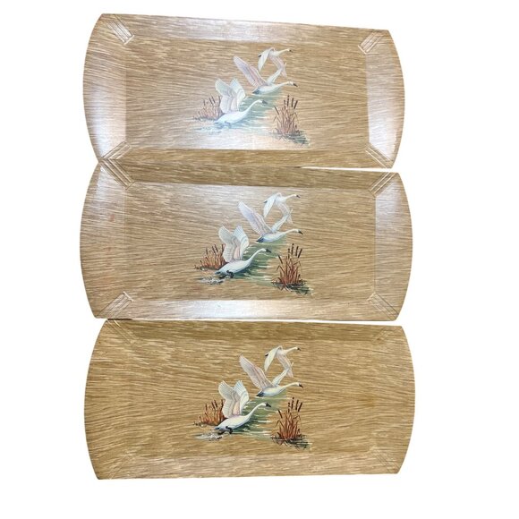 Vintage 50s Set of 8 Coronet Haskelite Wooden Lap Buffet Trays Geese Swans - Picture 4 of 7